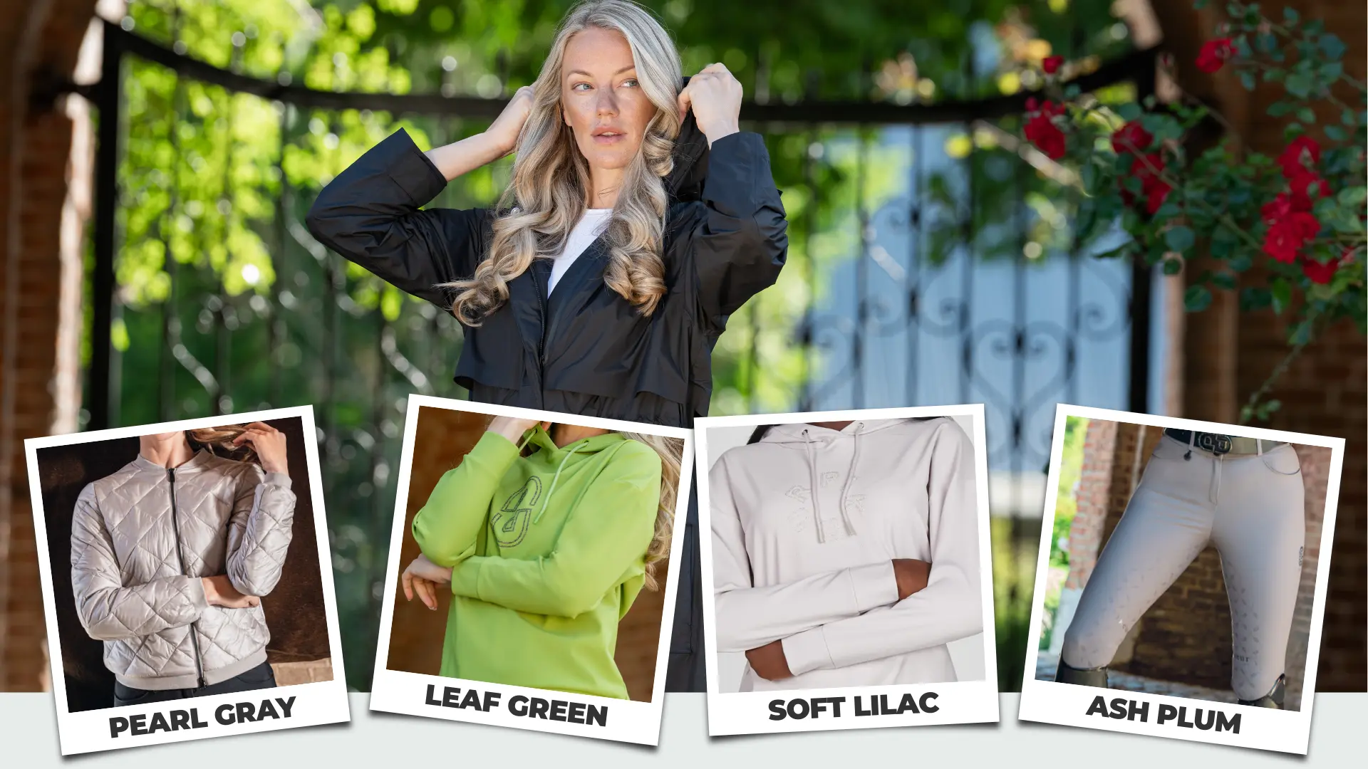 Model im Freien vor grünem Hintergrund, ergänzt durch eingeblendete Produktdetails in den Farbwelten Pearl Gray, Leaf Green, Soft Lilac und Ash Plum.