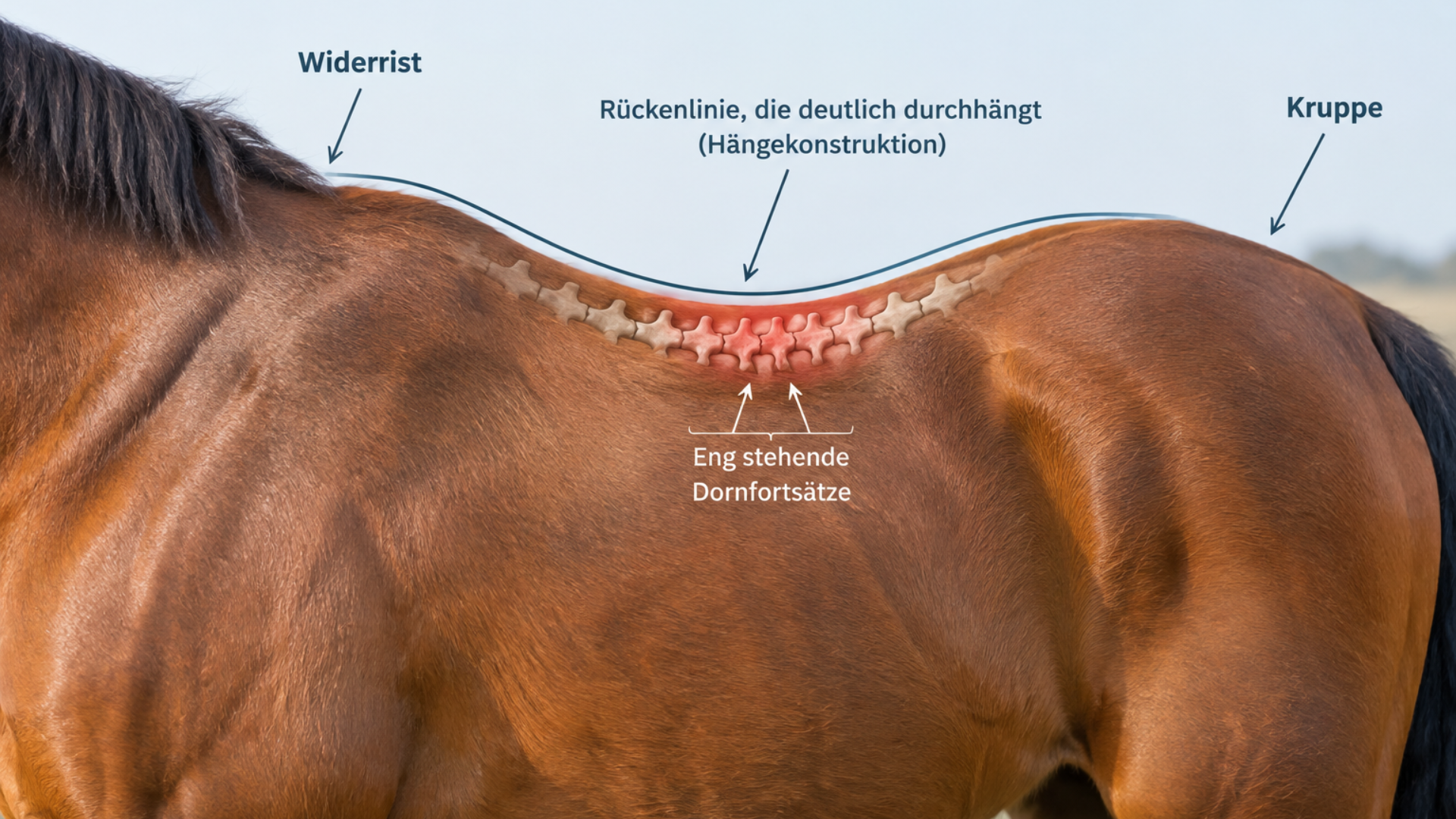 Nahaufnahme des Pferderückens im Seitenprofil mit deutlich durchhängender Rückenlinie. Eine anatomische Einblendung zeigt eng stehende Dornfortsätze im Bereich des Rückens.