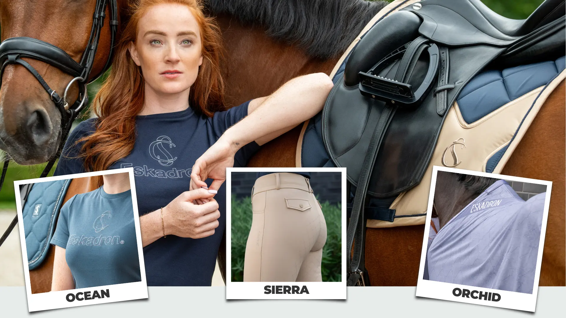 Model neben einem gesattelten Pferd im Freien, ergänzt durch eingeblendete Produktdetails der Eskadron Classic Sports Sommer 2026 Kollektion in Ocean, Sierra und Orchid.