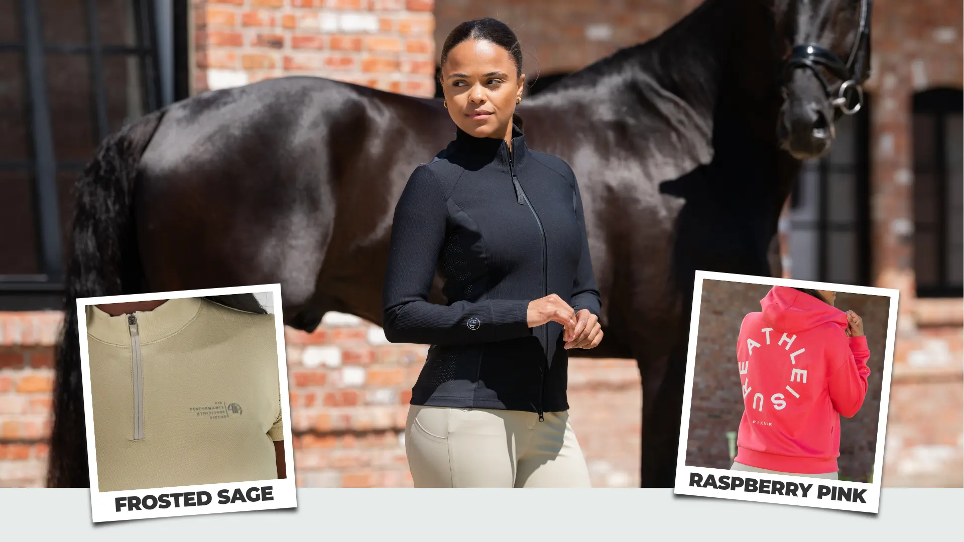 Model vor einem dunklen Pferd im Freien, ergänzt durch eingeblendete Produktdetails der Pikeur Athleisure Kollektion in Frosted Sage und Raspberry Pink.