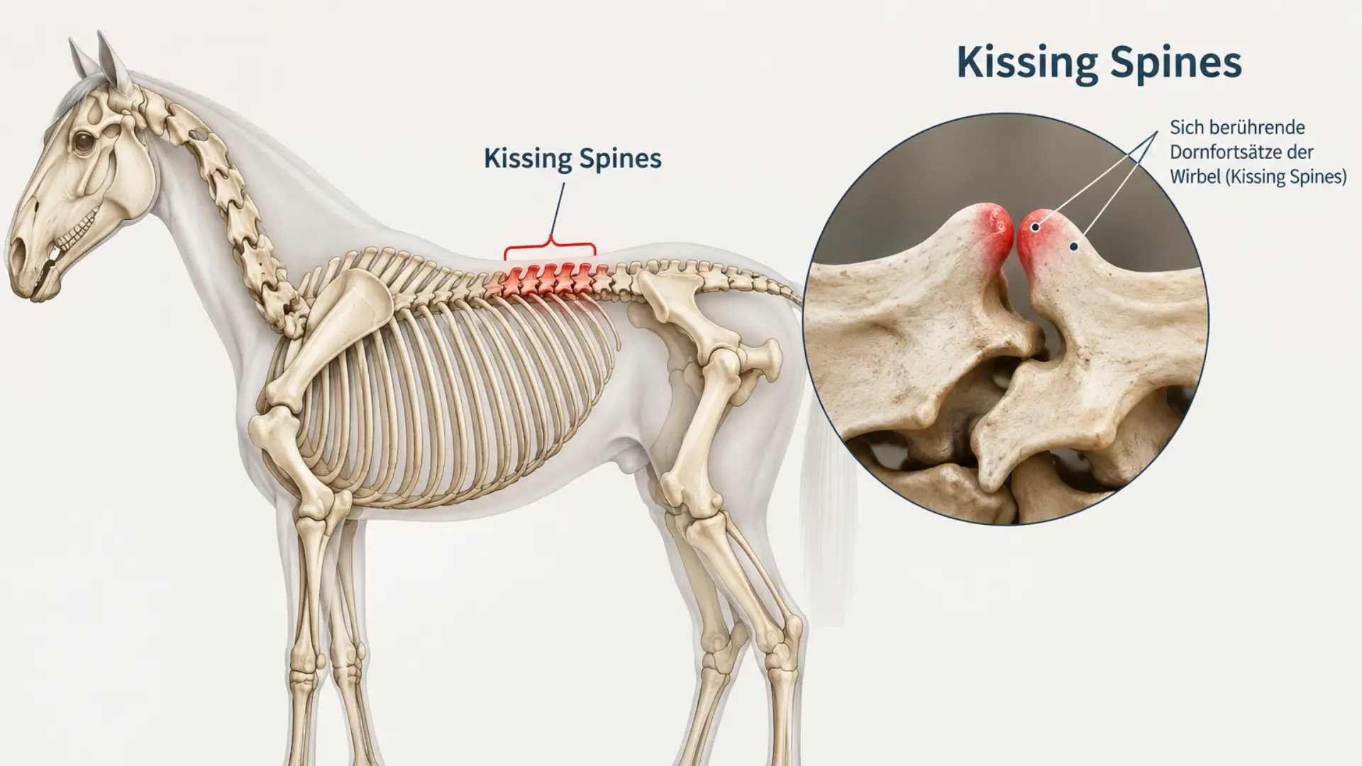 Darstellung eines Pferdeskeletts mit rot markierten Dornfortsätzen im Sattelbereich. Eine Detailansicht zeigt, wie sich benachbarte Dornfortsätze bei Kissing Spines berühren können.