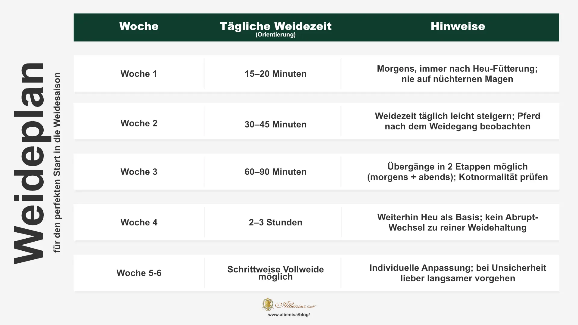 Weideplan zum Pferde anweiden: Steigerung der Weidezeit über 6 Wochen