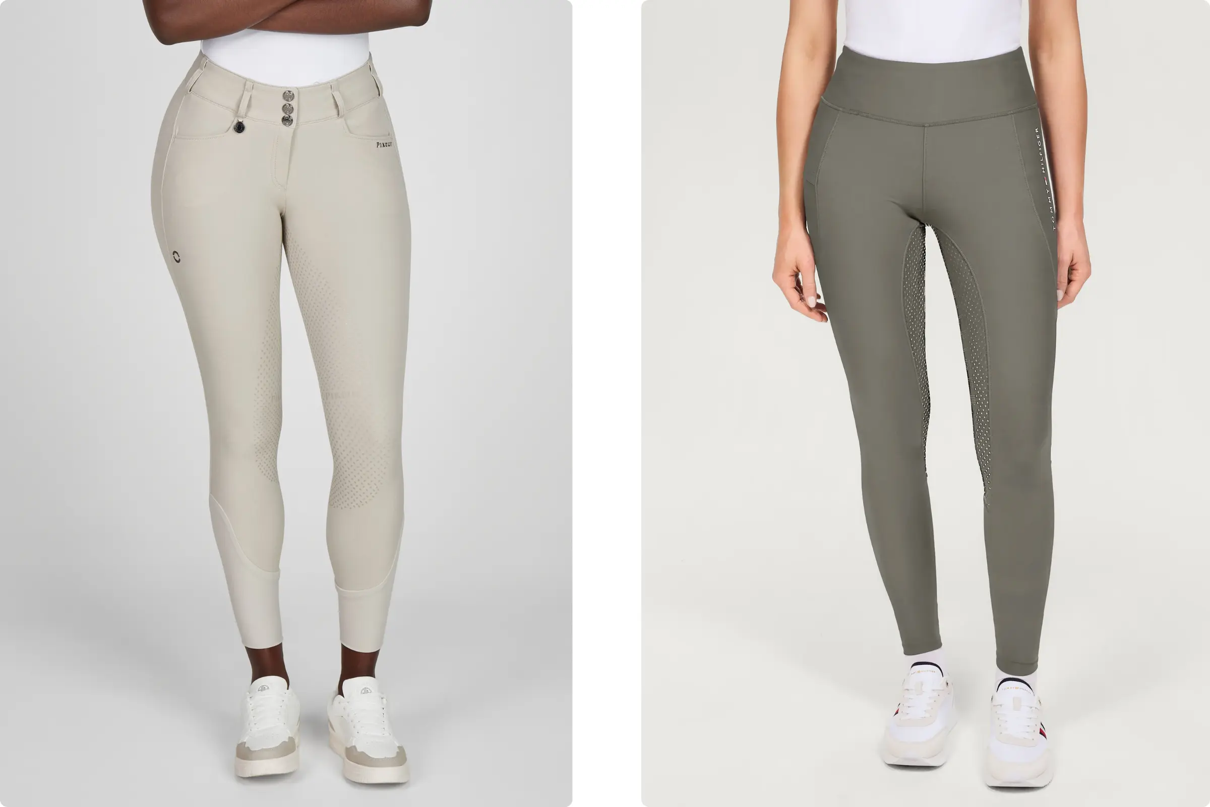 Klassische Reithose mit Vollbesatz links, Reitleggings mit Silikonbesatz rechts