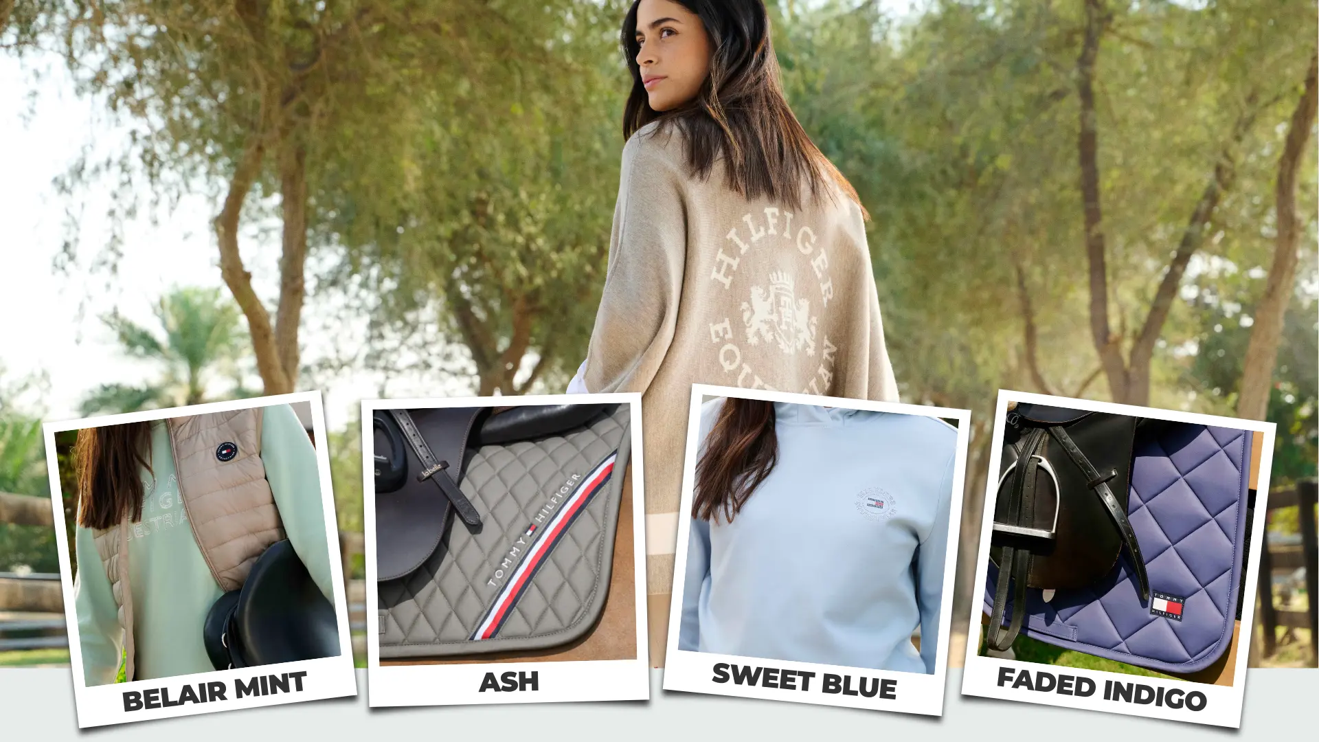 Farbteaser der Tommy Hilfiger Equestrian Kollektion Frühjahr/Sommer 2026 mit Belair Mint, Ash, Sweet Blue und Faded Indigo.
