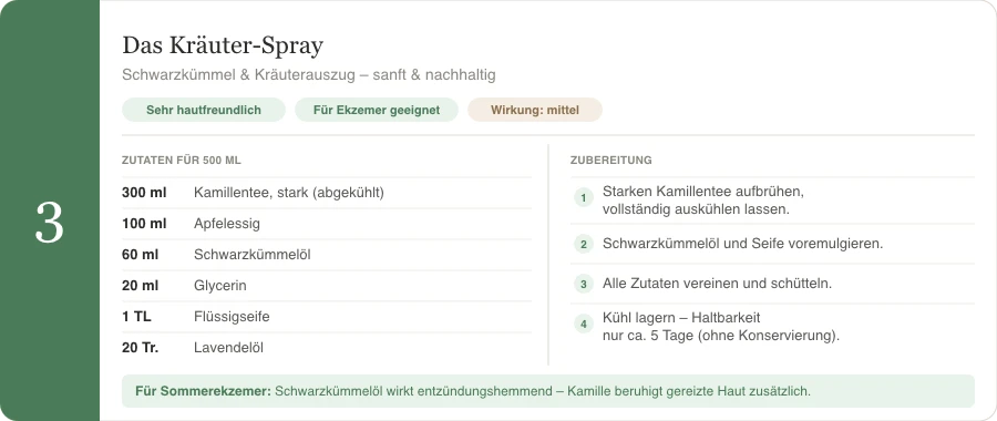 Rezeptkarte: Sanftes Fliegenspray für Pferde mit Sommerekzemer – Schwarzkümmelöl und Kamille, Zutaten und Zubereitung für 500 ml.
