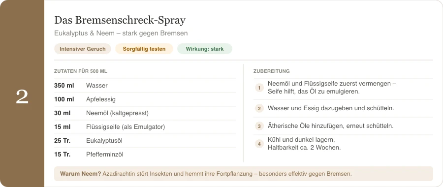 Rezeptkarte: Fliegenspray gegen Bremsen selber machen mit Eukalyptus und Neemöl – Zutaten und Zubereitung für 500 ml, starke Wirkung.