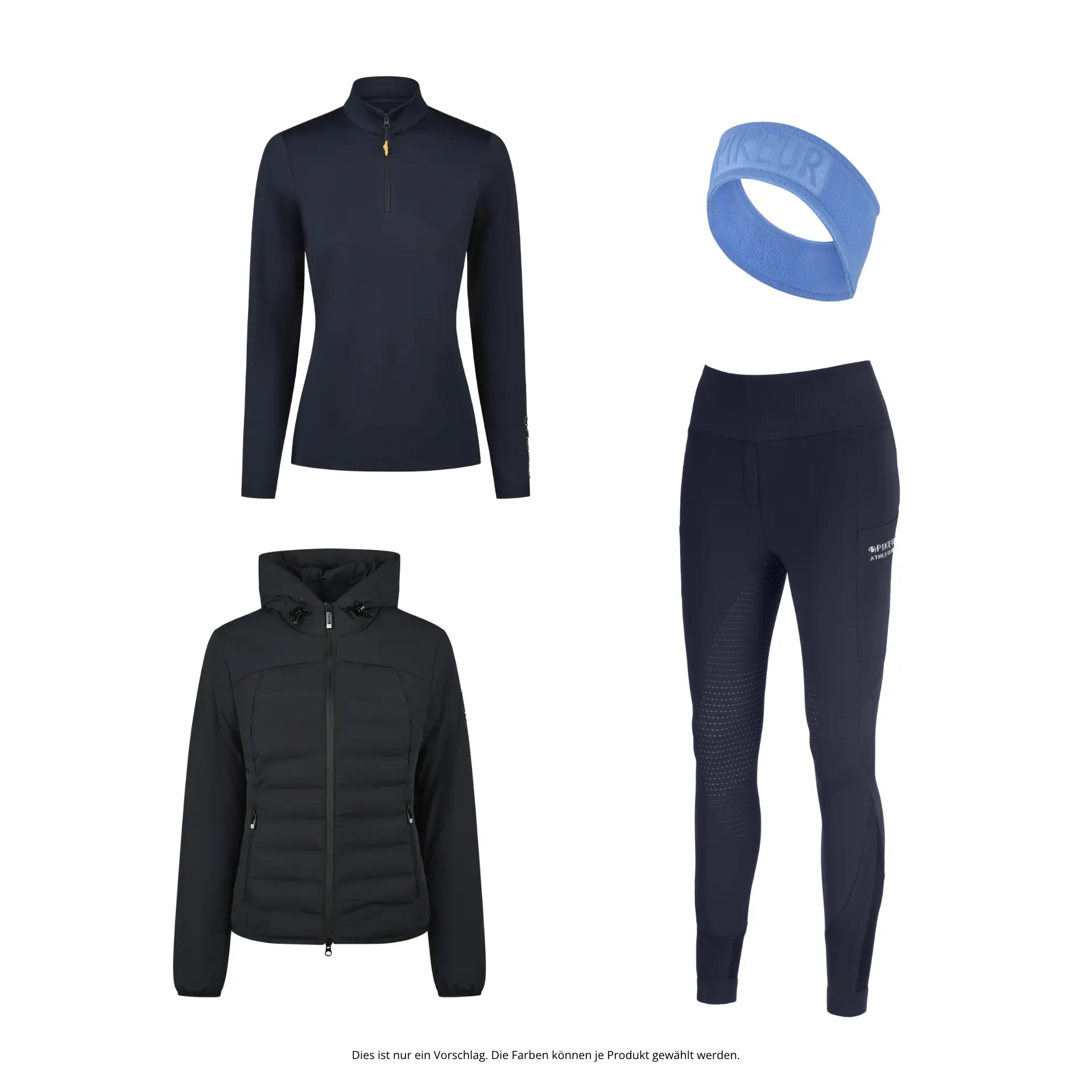 Athleisure Komplett-Outfit: Reithose, Steppjacke, Zip Shirt