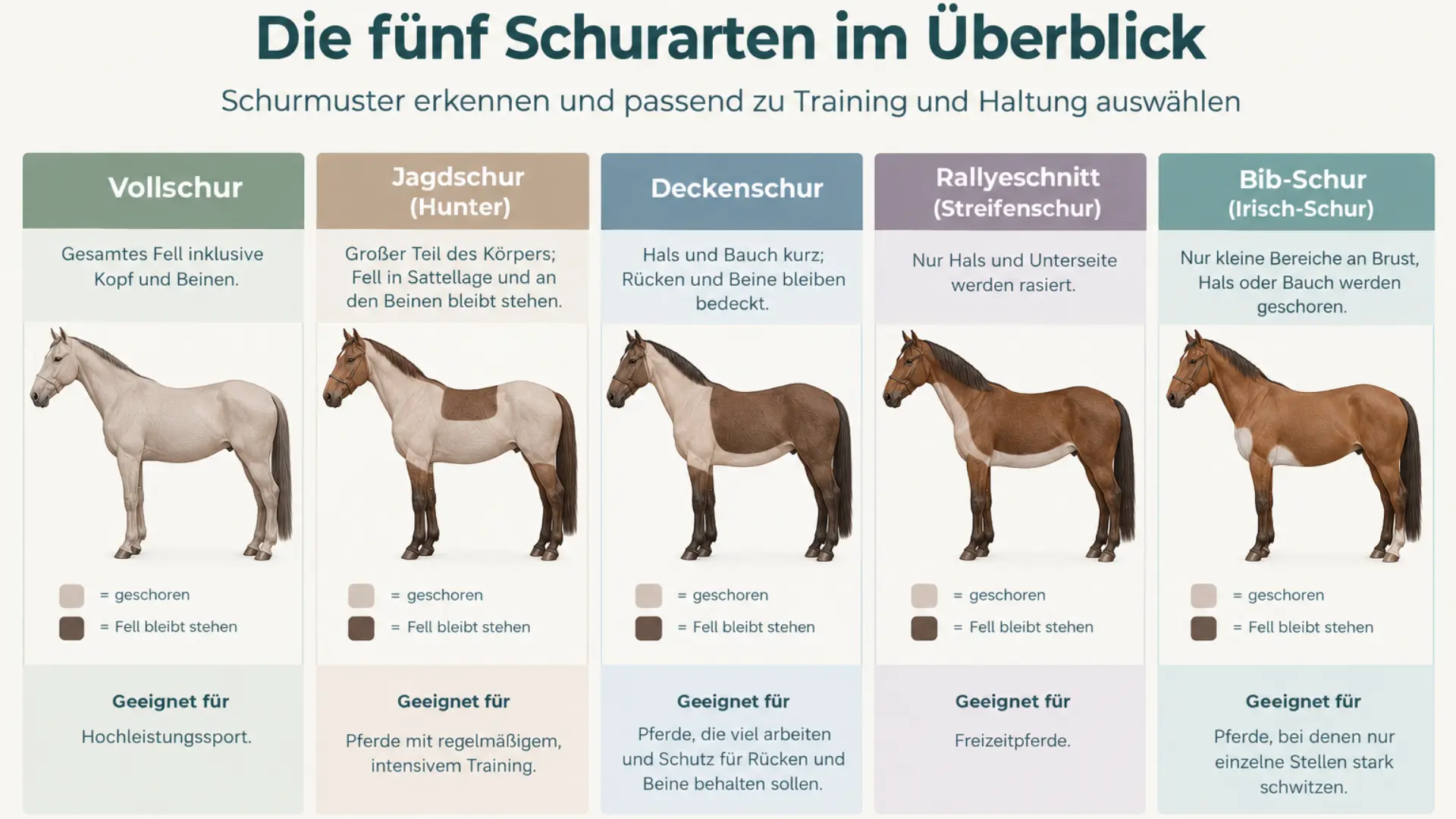 Schurarten beim Pferd im Überblick: Vollschur, Jagdschur, Deckenschur, Rallyeschnitt und Bib-Schur