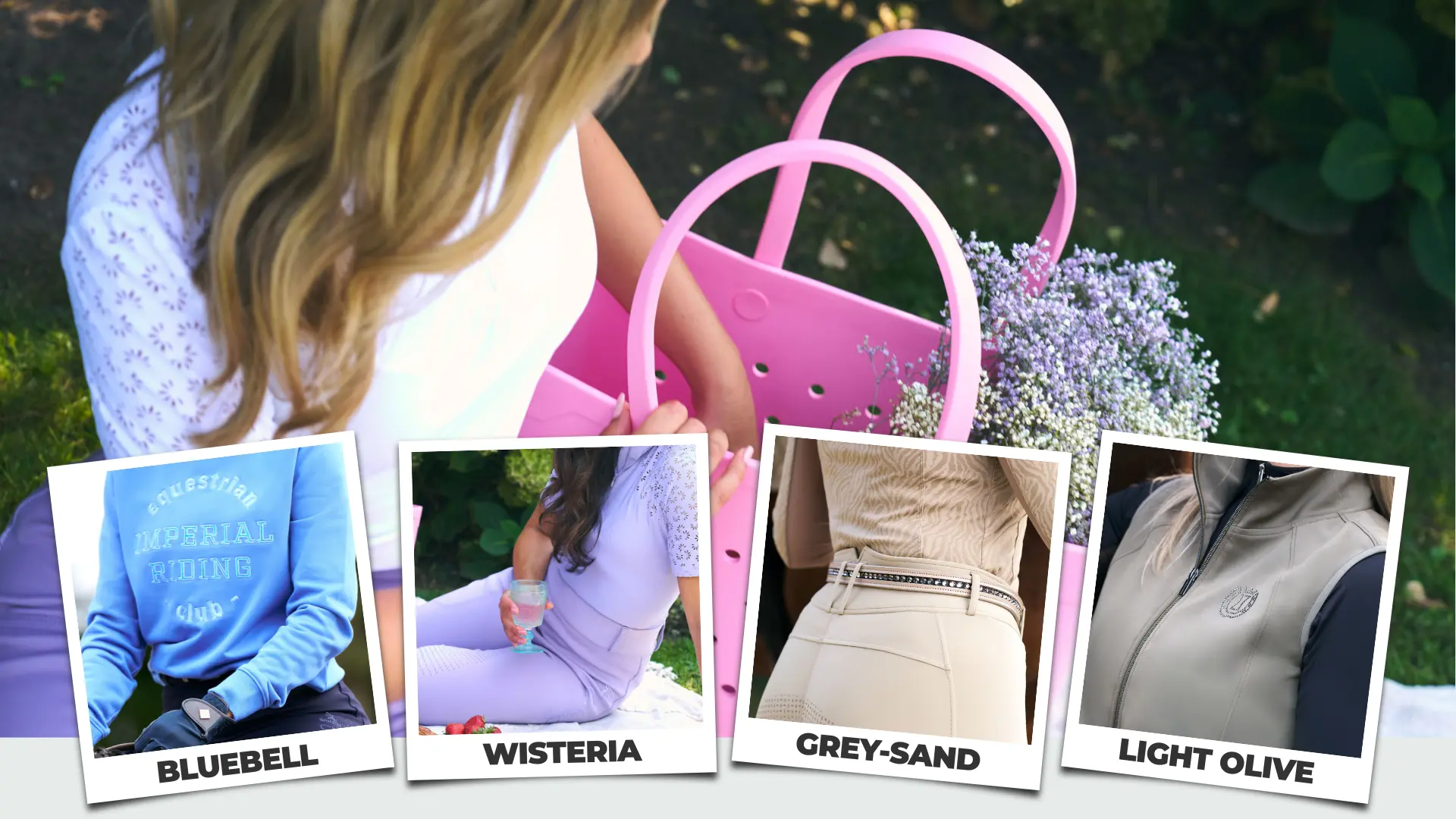 Person mit pinker Tasche im Freien, ergänzt durch eingeblendete Produktdetails in den Farbwelten Bluebell, Wisteria, Grey-Sand und Light Olive von Imperial Riding.