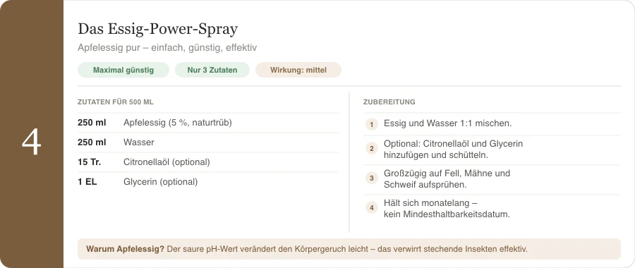 Rezeptkarte: Günstiges Fliegenspray für Pferde selber machen mit Apfelessig – nur 3 Zutaten, Zubereitung für 500 ml, monatelang haltbar.