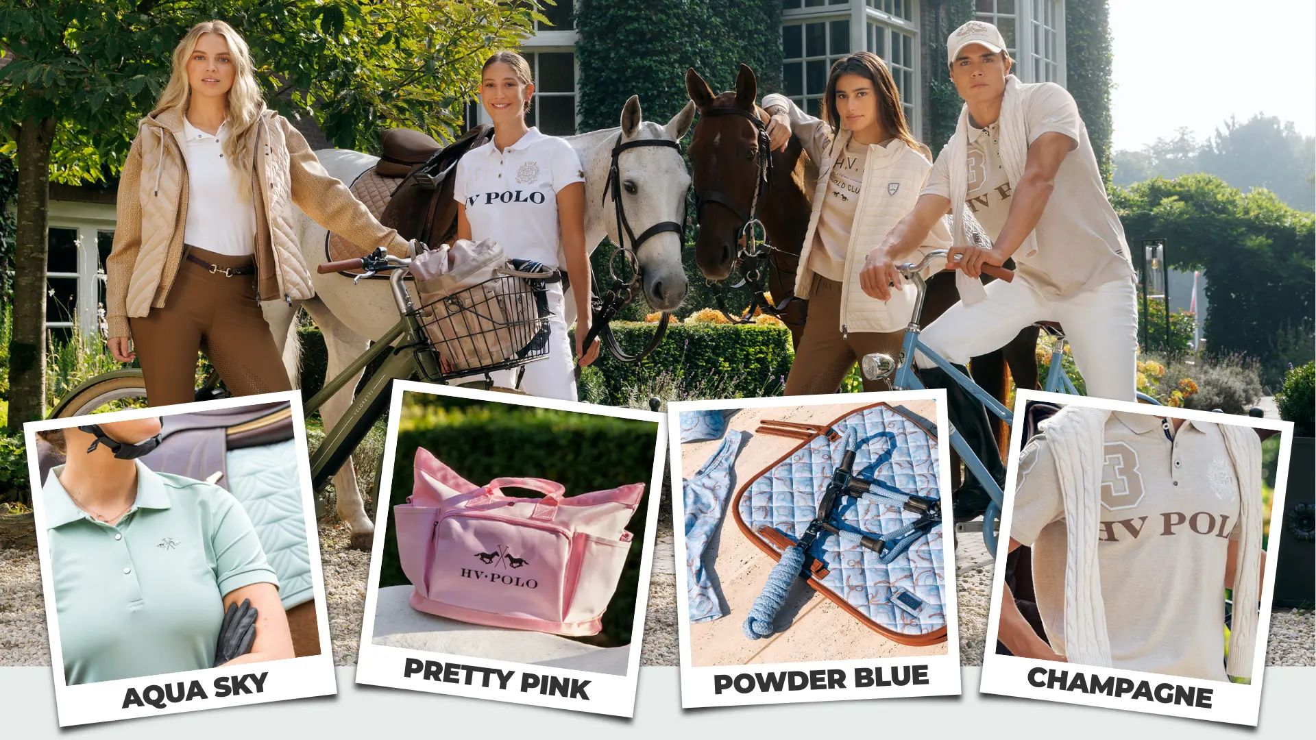 Vier Models posieren mit zwei Pferden und Fahrrädern vor einem Gebäude im Freien und tragen Reit- und Freizeitbekleidung von HV Polo. Im Vordergrund zeigen vier eingeblendete Produktdetails die Farbwelten Aqua Sky, Pretty Pink, Powder Blue und Champagne.